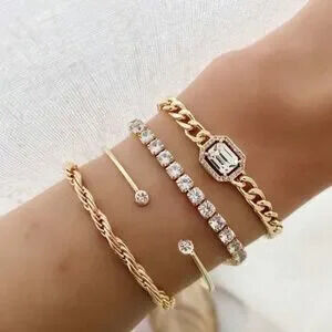 Gold 4pc Rhinestone Charm Bracelet Set